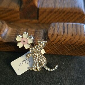 Gold Crystal Cat Brooch with Pink Enamel Flower - Women Accessories